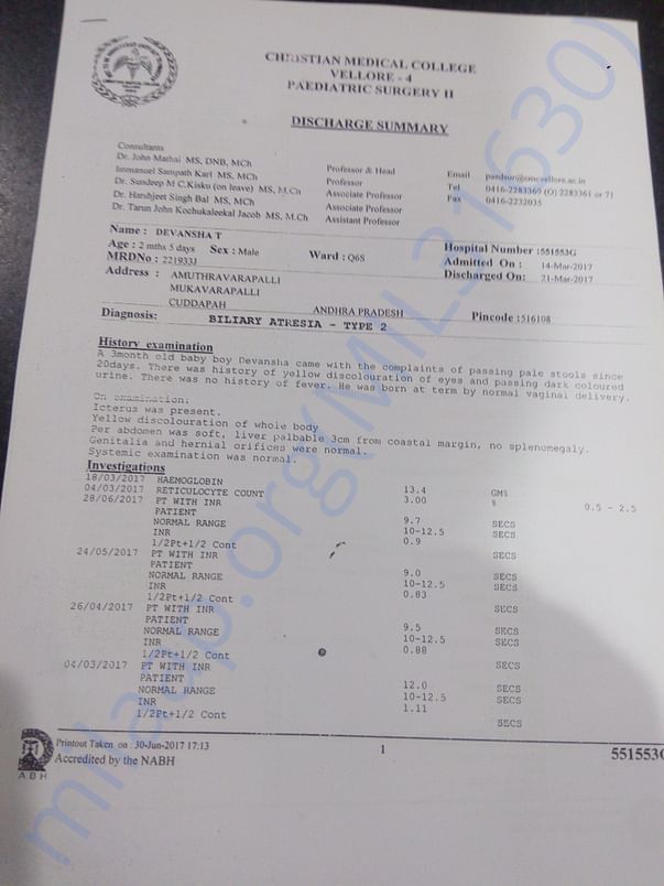 Initial diagnosis from Christian Medical College