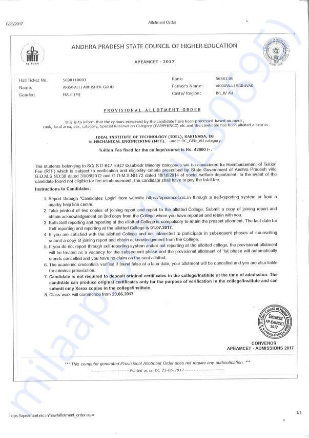Engineering College Tuition Fees Estimation Letter