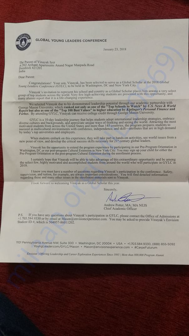 Letter of acceptance from GYLC