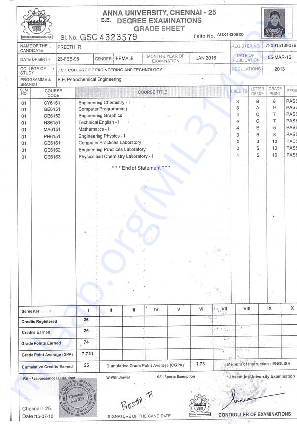 1st Mark Sheet
