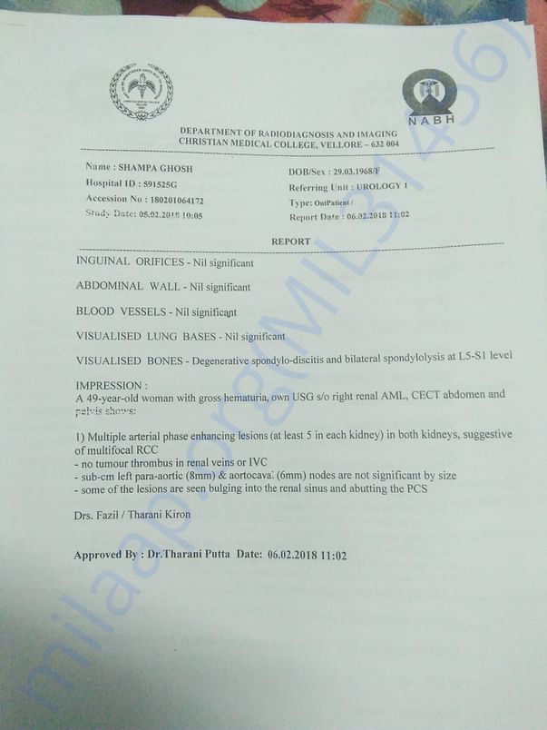 CT scan report from CMC Vellore suggested multiple RCC