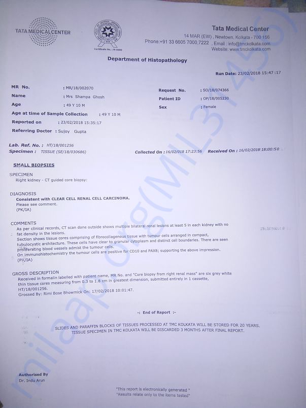 Biopsy report form Tata Medical Centre confirming RCC