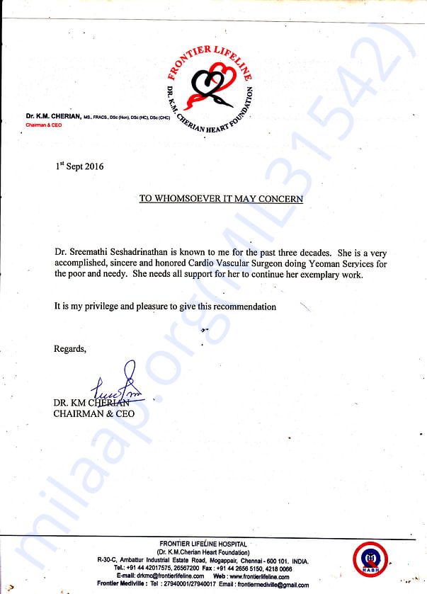 Reference Letter from K.M.CHERIAN - FRONTIER LIFELINE