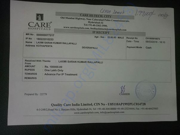advance paid to Intraperitoneal Chemotherapy (IP Chemo)