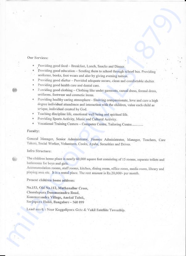 Grace Children's Home Services,Infrastructure Till March2018
