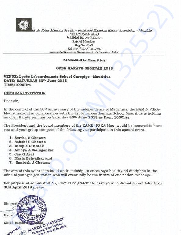 Selection/Invitation Letter-Mauritius International Championship 2018