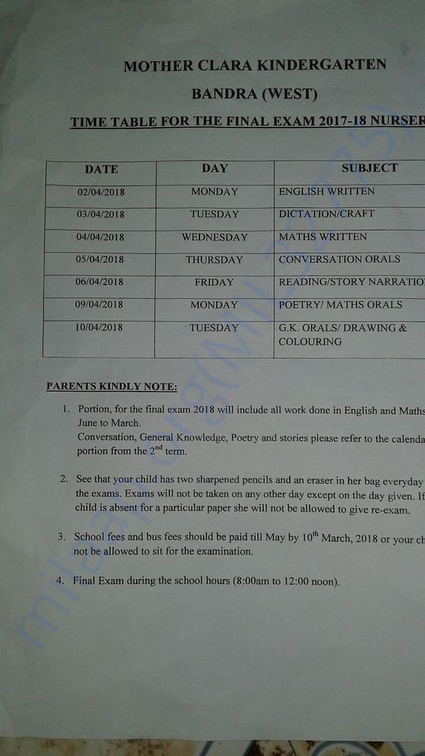 Time table for Exam