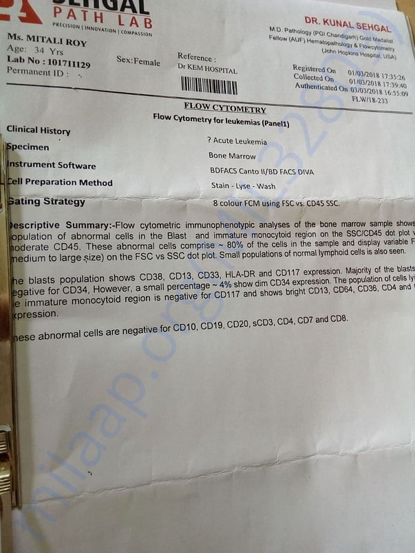 Bone marrow report of Mitali Roy