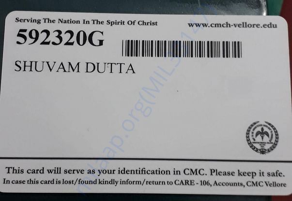 Identity card for patient admitted in CMC, Vellore