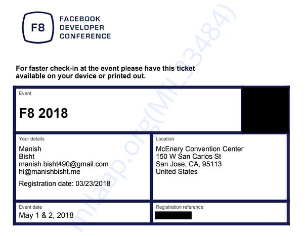 Facebook F8 2018 Confirmation Ticket