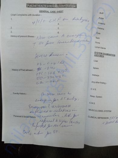 Admission documents of emergency room of civil hospital fazilka