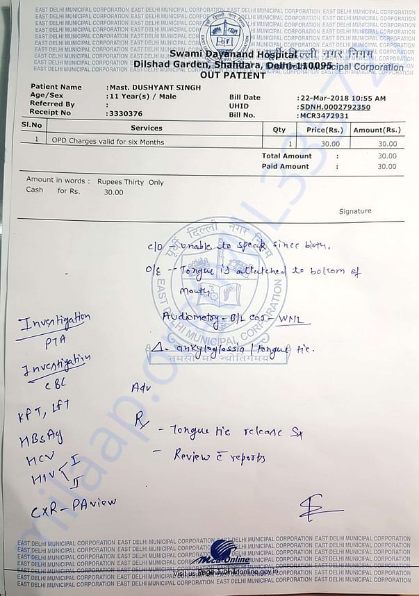 Medical Report Of Mast. Dushyant Singh