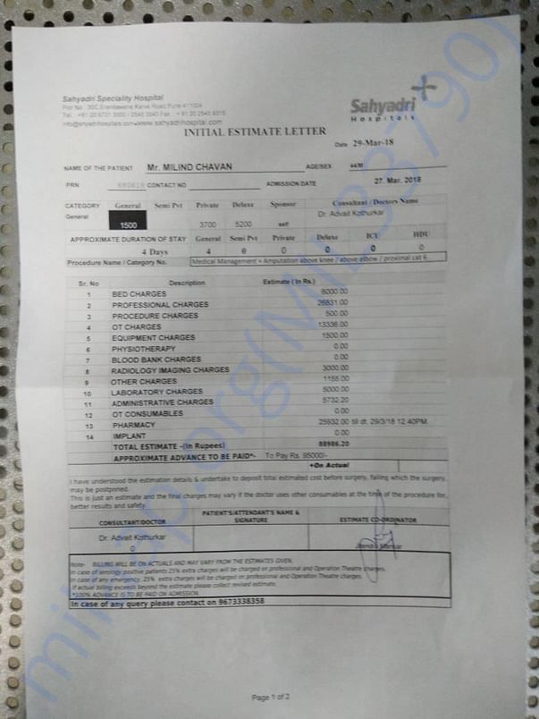 Hospital Estimate for Milind Chavan