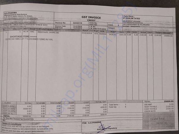 INVOICE FOR 5 PACLITAXEL VIALS