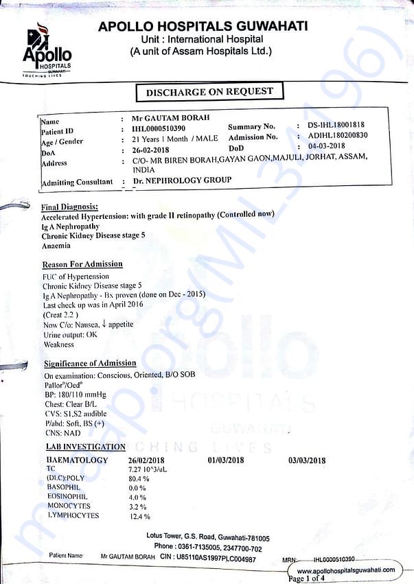 Medical report of kidney failure