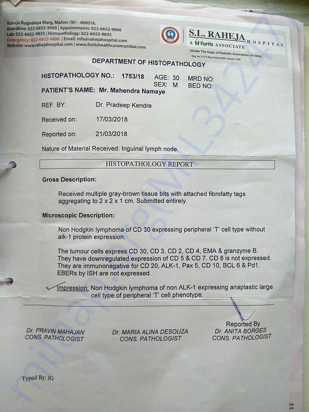 Lab Report confirming confirmation of cancer