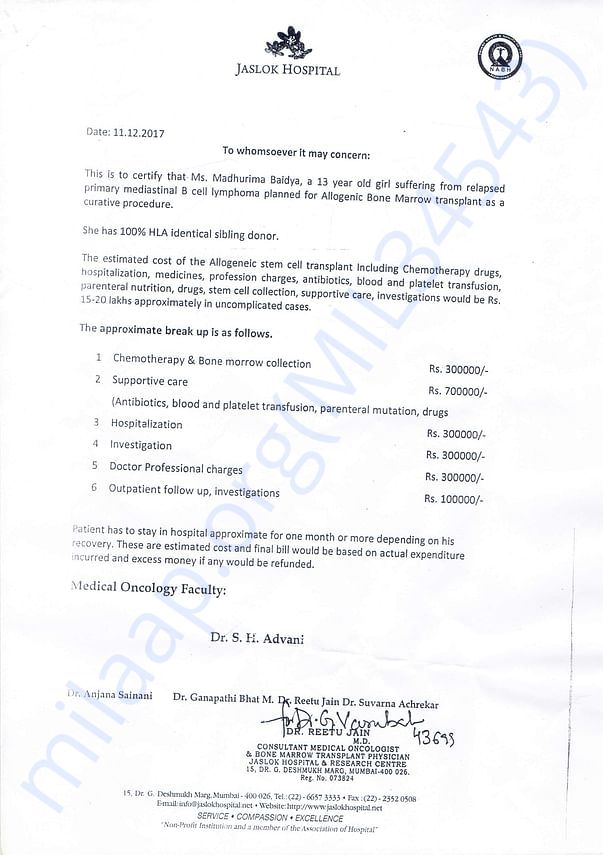Estimate of treatment given by Jaslok Hospital