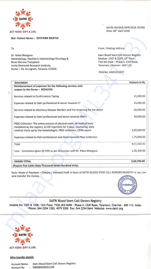 Stem Cell Donation Invoice