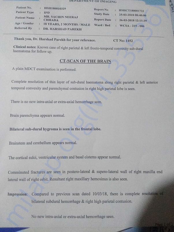 CT scan report as of 26th March 2018