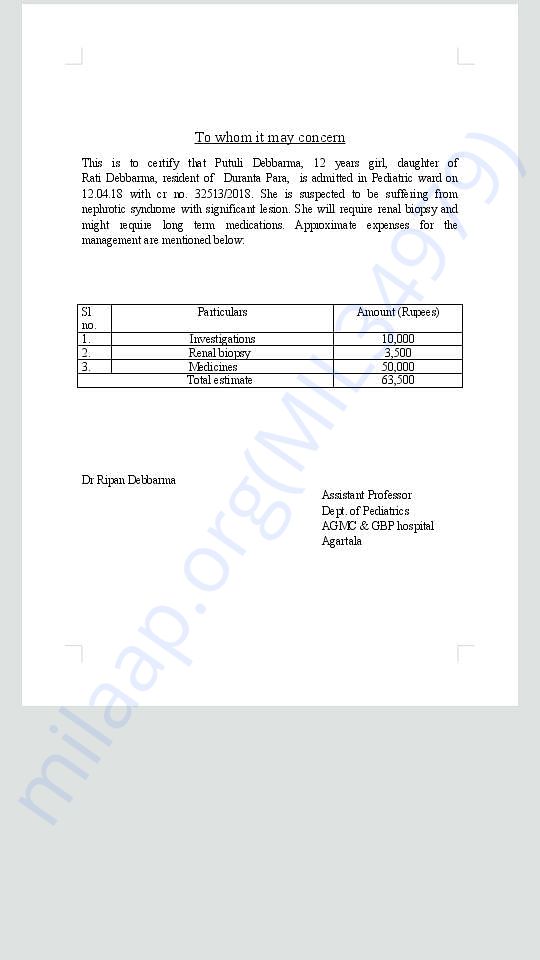 PUTULI MEDICAL ESTIMATE