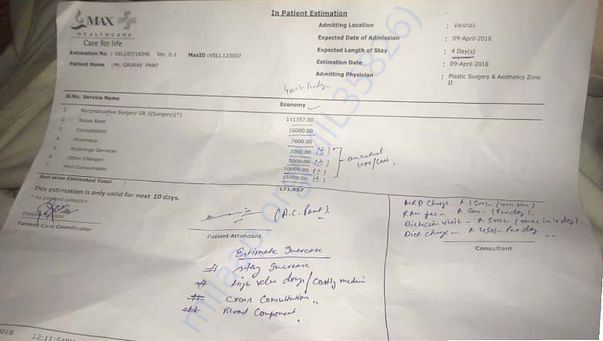 Estimate provided by max hospital for further treatment