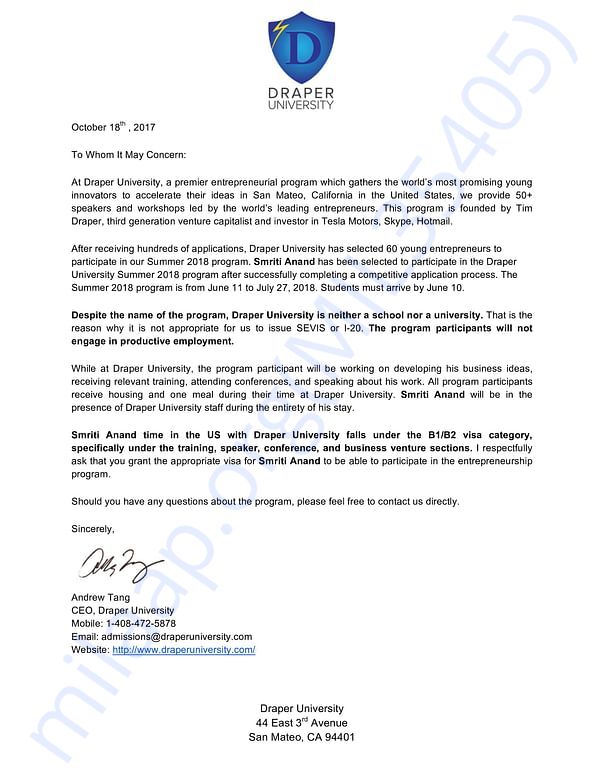 Confirmation letter from Draper University