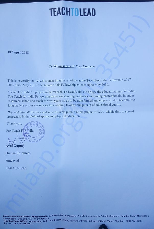 Teach for India approval certificate