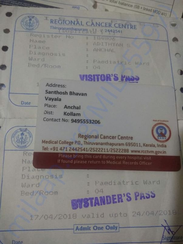 ADITHYAN'S ADMISSION TICKET AT R.C.C. TRIVANDRUM