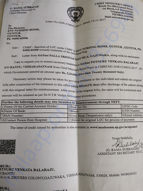 The letter sanctioning the amount from CMO