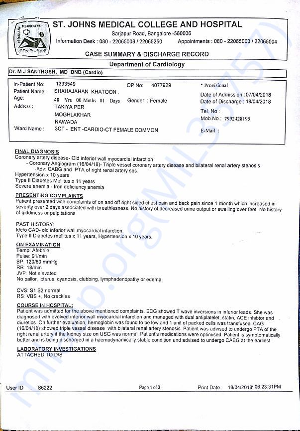latest discharge paper from st. john hospital Banglore