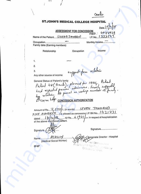 bill paid after concession at st. john hospital Banglore