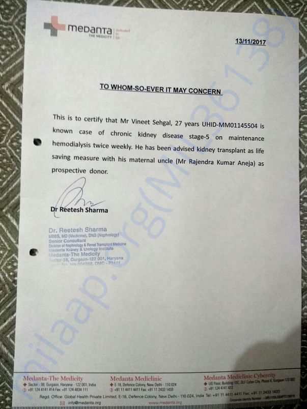 Recommendation Letter from Doctor - Medanta Medicity