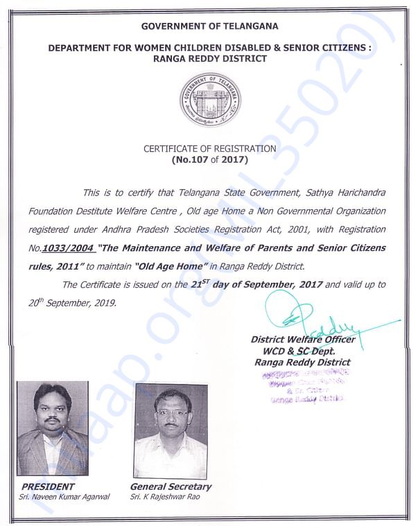 License by Government of Telangana to SHF Destitute Welfare Center