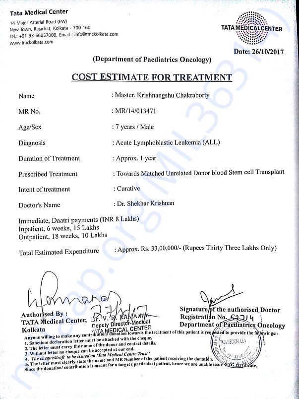Cost Estimate For My Son's Bone Marrow Transpant @ Tata Medical Center