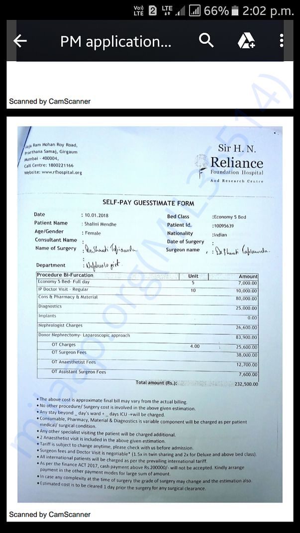 Medical Estimate for Donor(mother)