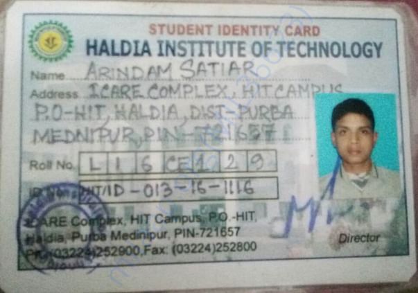 MY COLLEGE ID CARD OF HALDIA INSTITUTE OF TECHNOLOGY, (CIVIL)