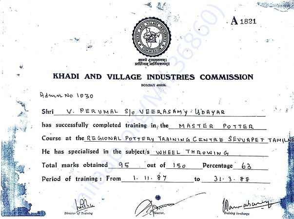 V Perumal's (Renu's father) certification as a Master Potter
