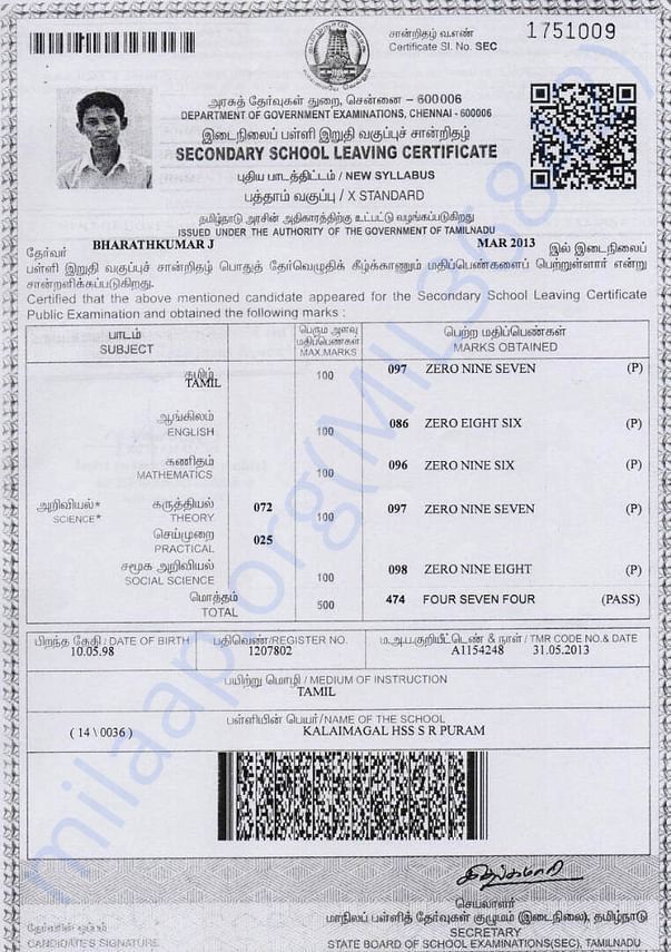 Bharath 10th Marksheet