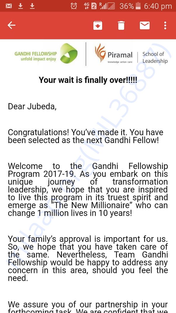 Jubeda Ali's Gandhi fellowship's acceptance letter