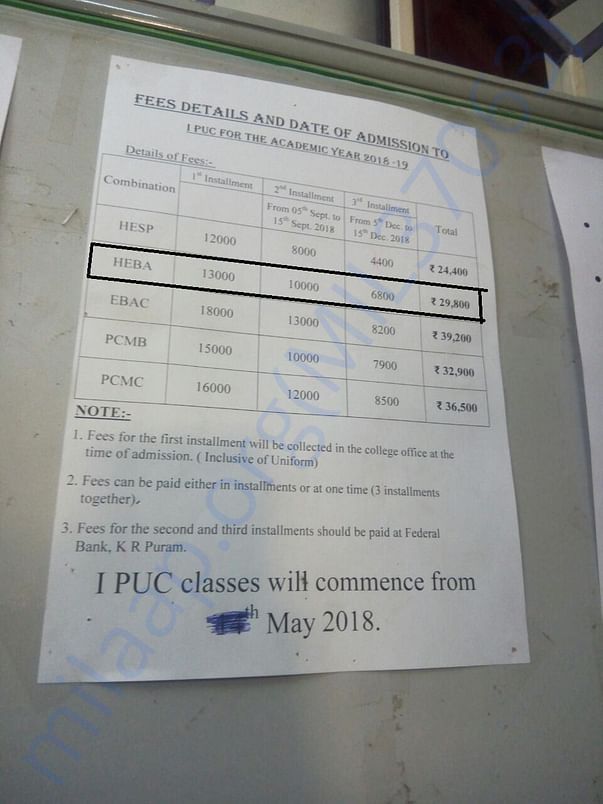 Fee payment document from the college