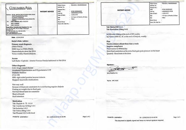 Doctor's Advice for Praveen L M - case history