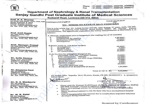 estimated expenditure of kidney transplant given by doctors