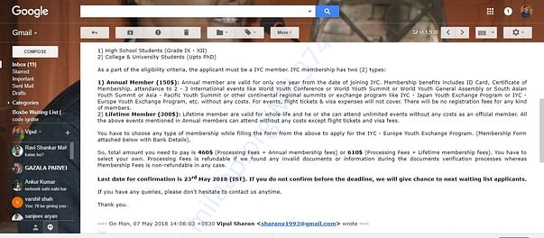 snapshot of the mail part-2 in which the amount has been mentioned