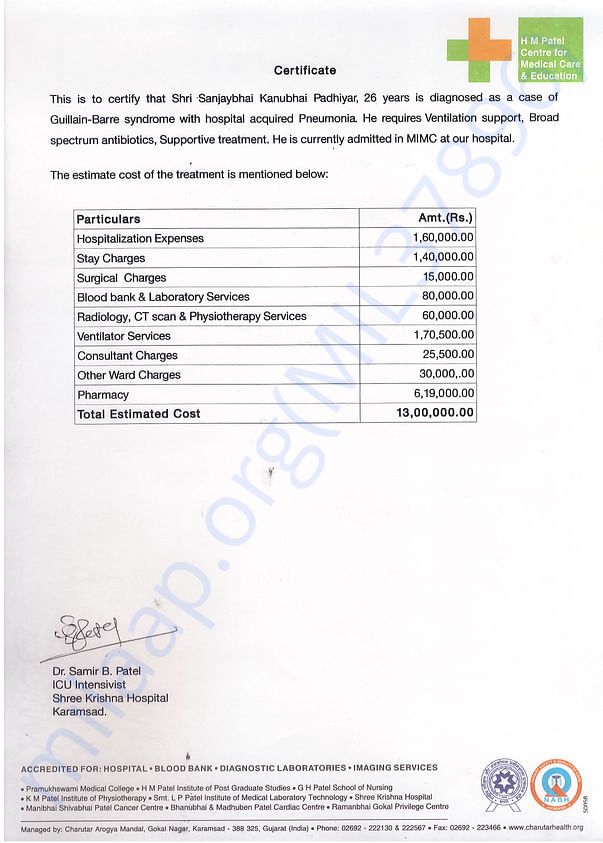Estimated treatment Cost Certificate