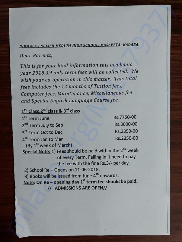 1st to 4th class Fees details