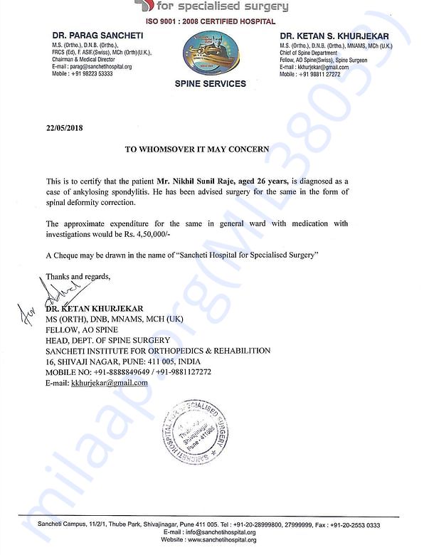 Estimate letter by SANCHETI INSTITUTE FOR ORTHOPEDICS & REHABILITION