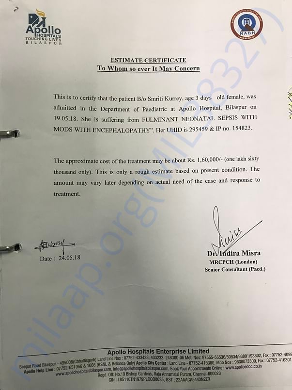 Estimate given by hospital