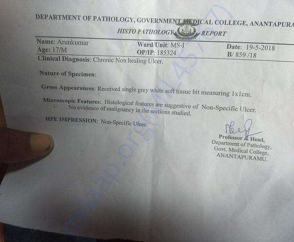 Pathology report of Arun kumar
