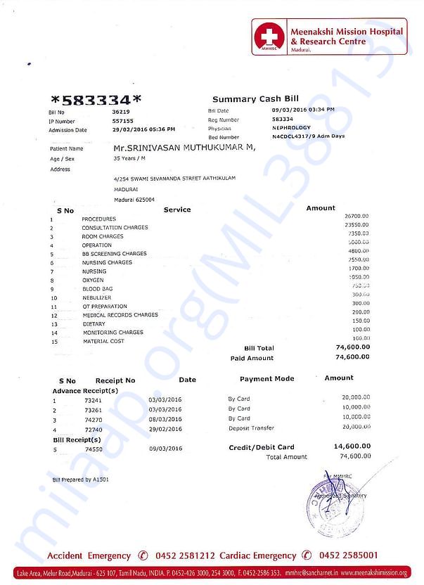 Invoice from 1st dialysis - 2016