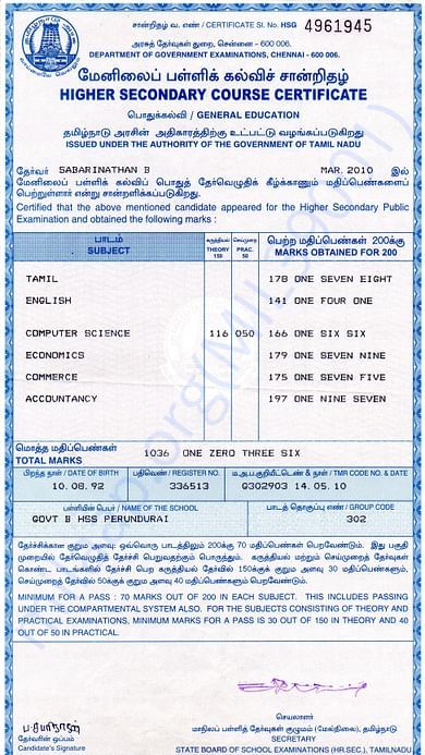 It is my HSC certificate, secured school 3rd positionm and 86%